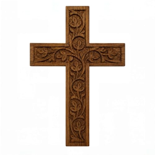 Wooden Wall Cross Hand Carved - Rustic Religious Decor, 7 x 5 Inches