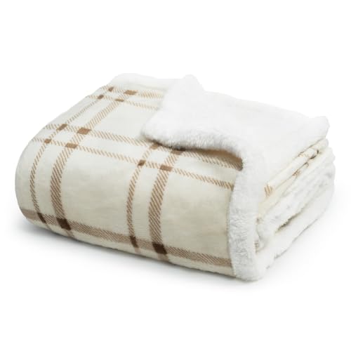 Cream Fleece Sherpa Throw Blanket 60x80 Inches Tattersall Design