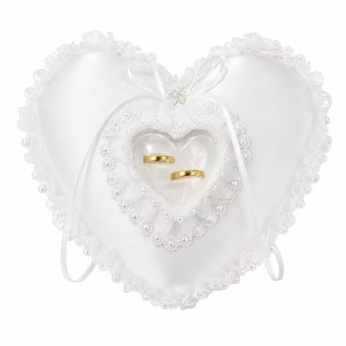 Heart Shaped Wedding Ring Bearer Pillow with Pearl Lace Decoration