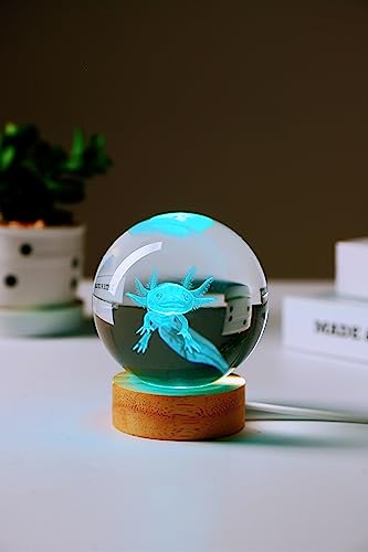 3.15 Inch Axolotl Night Light Crystal Ball with Wooden Base 16 Colors Change Remote Pack of 2
