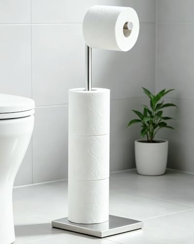 Chrome Toilet Paper Holder Stand with 4 Roll Storage - Free Standing Bathroom Organizer