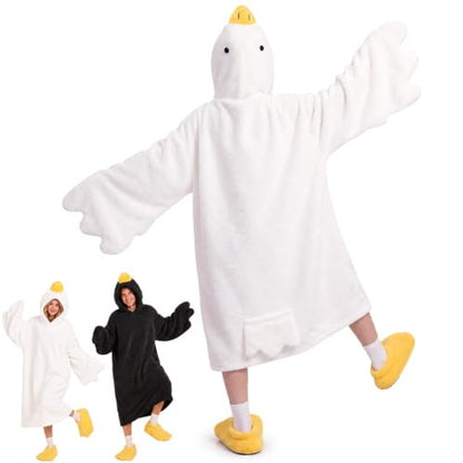 Adult Duck Onesie Wearable Blanket Pajamas with Slippers - White Medium
