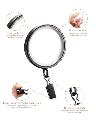 24 Pack Black Curtain Rings with Clips - 1-5/8 Inch Slim Fit, Noiseless Glide