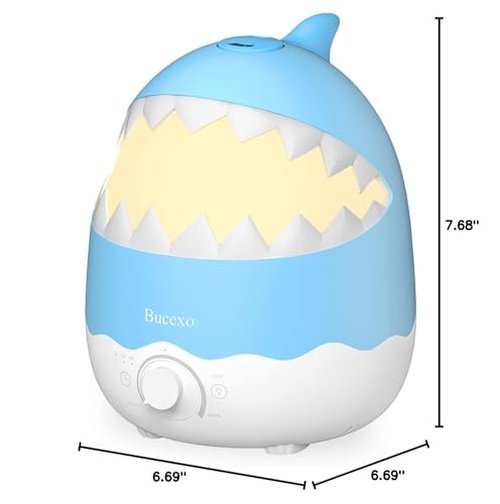 Bucexo Humidifiers for Baby Bedroom, Cool Mist Humidifier for Kids Nursery, Air Humidifier with Essential Oil Diffuser and Night Light, Timer, BPA Free, 1.6L, Up to 40Hours, Shark, Ideal for baby