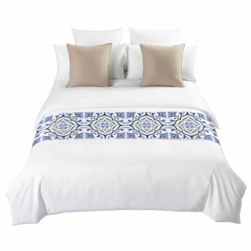Queen Bed Runner Satin Majolica Print Blue Green Decorative 83x20 with Variation Blue & Slate Blue