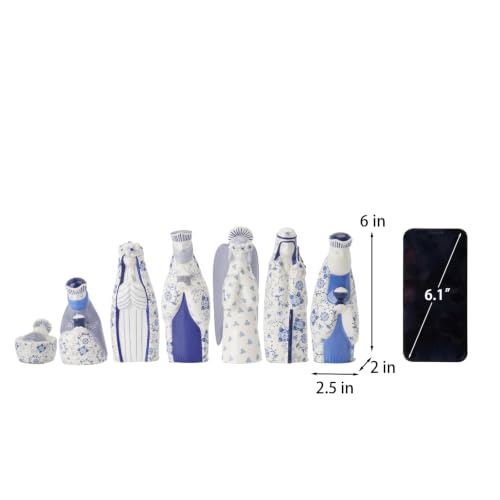 Chinoiserie Ceramic Nativity Set - Blue and White 7-Piece, 6 Inch Decorative Holiday Figurines