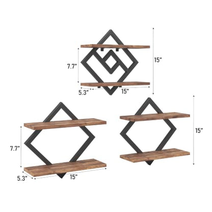 2-Tier Wooden Floating Wall Shelves Set - Brown, 3 Pieces