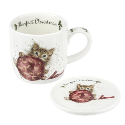 Purrfect Christmas Mug & Coaster Set with Hand-Painted Kitten Design