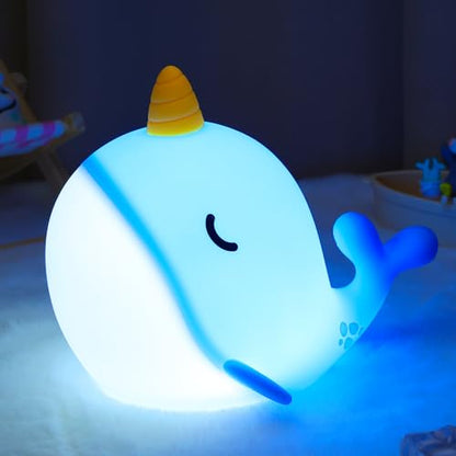 Ammonite Blue Narwhal Night Light - Style B Soft Silicone Nursery Lamp with Dimming & Timer