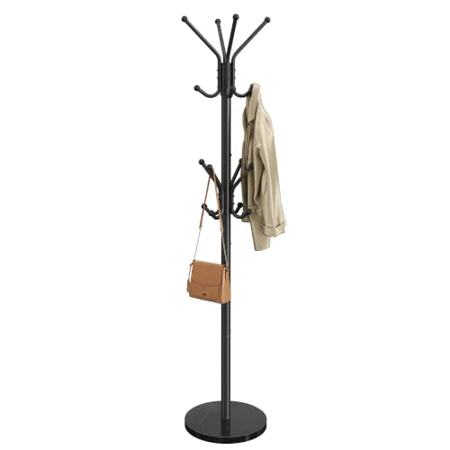 Black Freestanding Coat Rack with 16 Hooks and Marble Base - Steel Hall Tree