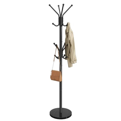 Black Freestanding Coat Rack with 16 Hooks and Marble Base - Steel Hall Tree