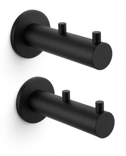 Heavy Duty Wall Hooks Double Black Matte 2 Pack for Bathroom Kitchen Entryway