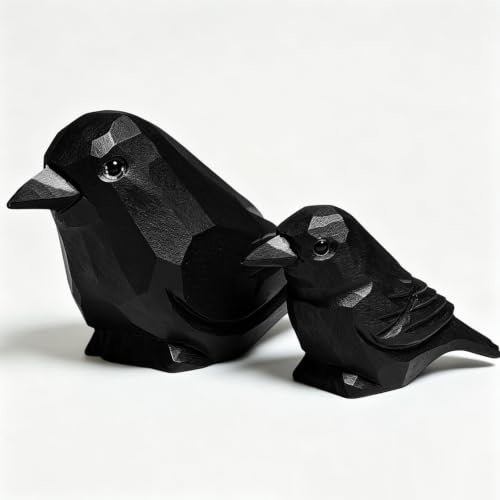 Hand-Carved Wooden Raven & Crow Figurine Set - Gothic Home Decor