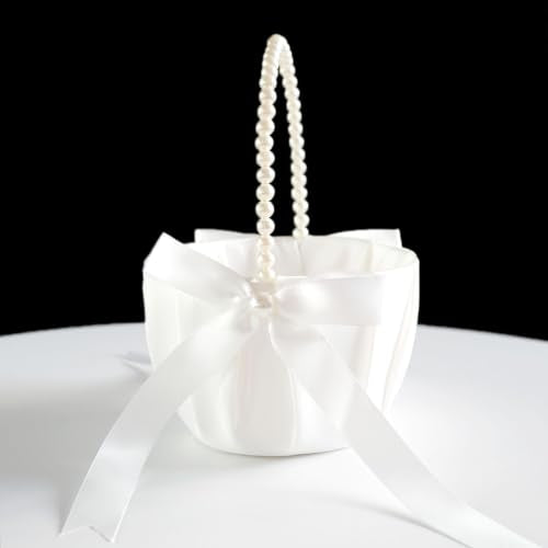Flower Girl Basket for Weddings Ivory Pearl Bow Handcrafted Decorative Holder