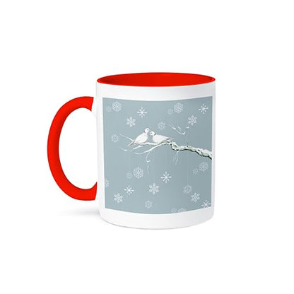 11 Ounce White Ceramic Mug with Red Interior and Snowflake & Turtle Doves Design - Christmas Gift