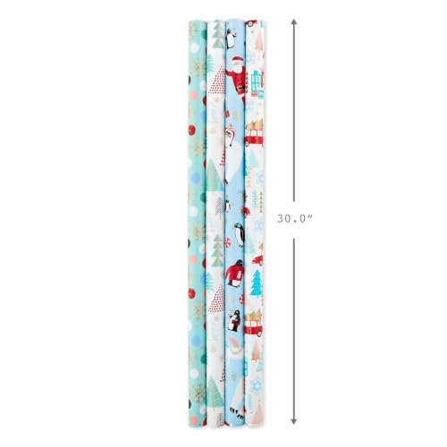 Christmas Wrapping Paper Bundle with Quirky Holiday Designs, 4 Rolls with Cut Lines, Blue, Gold, Yeti, Santa, Penguin
