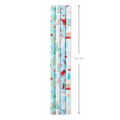 Christmas Wrapping Paper Bundle with Quirky Holiday Designs, 4 Rolls with Cut Lines, Blue, Gold, Yeti, Santa, Penguin