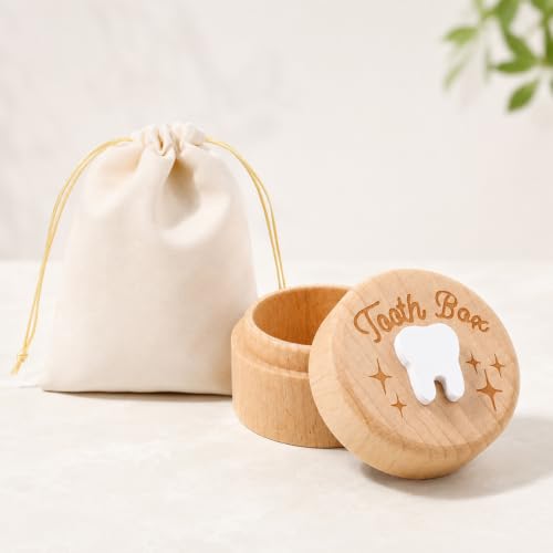 Wooden Tooth Fairy Keepsake Box with Pouch - Carved Child's Tooth Storage
