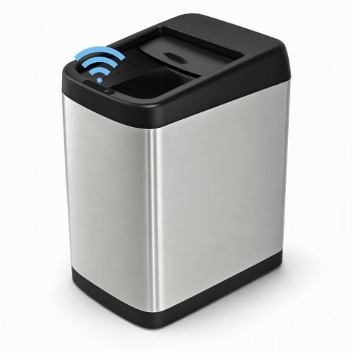 ELLO&ALLO 13 Gallon Touchless Motion Sensor Trash Can - Brushed Stainless Steel, Large, Rolling Lid