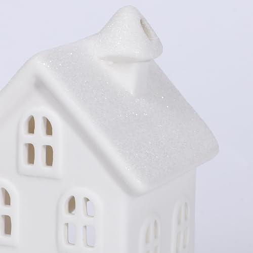 Lighted Christmas Village Set of 4 Ceramic Houses & 5 Christmas Trees Winter White Glazed Holiday Decor