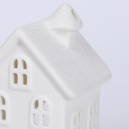 Lighted Christmas Village Set of 4 Ceramic Houses & 5 Christmas Trees Winter White Glazed Holiday Decor