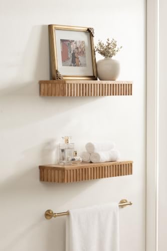 Natural Mango Wood Floating Shelves Set - Modern Ribbed Wall Decor