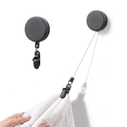 Retractable Towel Clip Hand Towel Holder with Extendable Cord - Black Plastic 2 Pack