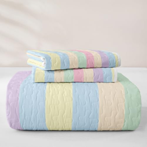 Manfei Colorful Striped Quilted Coverlet Set Twin Size - Microfiber Lightweight Bedding for Kids & Girls, Dreamy Rainbow Lines, 2 Pieces with Pillow Sham