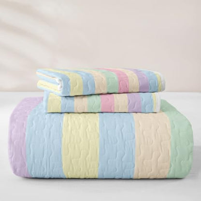 Manfei Colorful Striped Quilted Coverlet Set Twin Size - Microfiber Lightweight Bedding for Kids & Girls, Dreamy Rainbow Lines, 2 Pieces with Pillow Sham