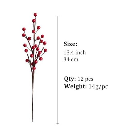 Artificial Red Berry Stems 13.5 Inch for Holiday Decor, 12 Pack