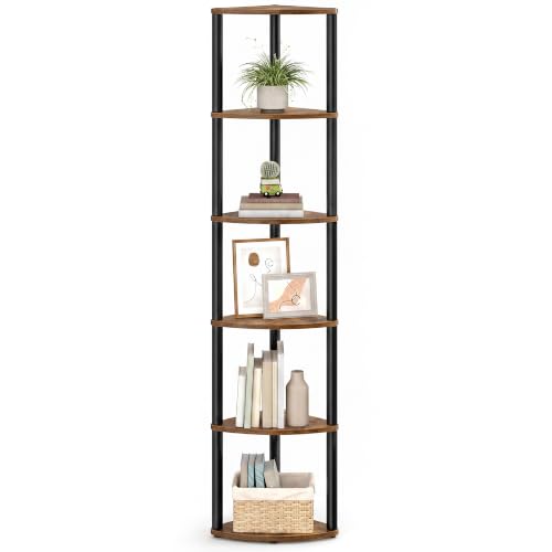 Corner Shelf with 6 Tiers - Rustic Brown, Toolless Assembly, 15.1"D x 10.6"W