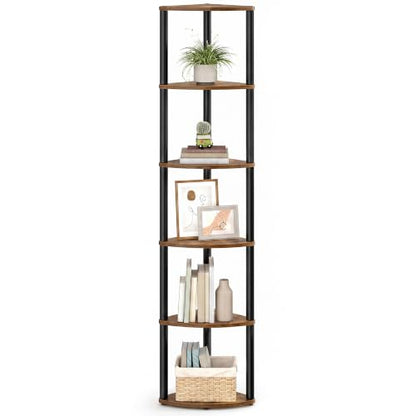 Corner Shelf with 6 Tiers - Rustic Brown, Toolless Assembly, 15.1"D x 10.6"W