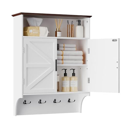 Farmhouse Wall Mount Bathroom Cabinet with Adjustable Shelves & Hooks - Ivory White