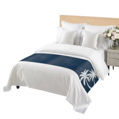 102x20 Inch Navy Blue Palm Tree Bed Runner for Cal King Bed - Tropical Coastal Decor