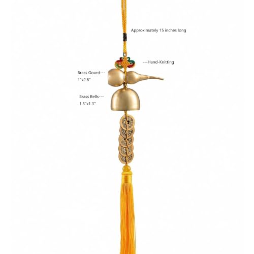 Big Hanging Bell with Five Emperor Coins Brass Wind Chime Ornament - Yellow Tassel Variation