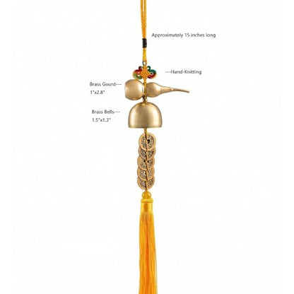 Big Hanging Bell with Five Emperor Coins Brass Wind Chime Ornament - Yellow Tassel Variation