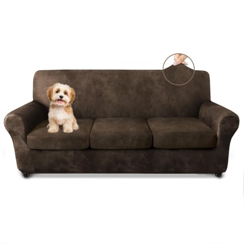 ANARACHON Leather Look Sofa Cover Set for 3 Cushion Couch - Brown, 4 Pieces