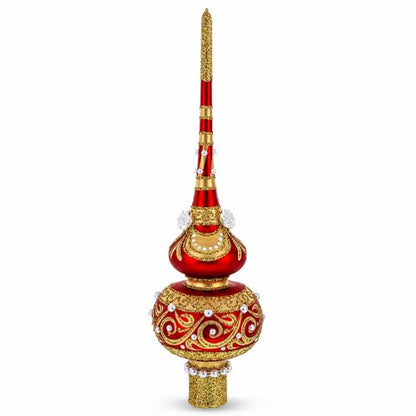 Hand-Painted Glass Christmas Tree Topper with Roses and Pearls - 11 Inch