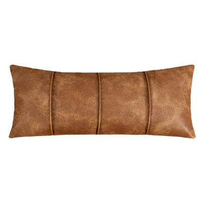 14x36 Faux Leather Lumbar Pillow Cover - Extra Long Body Cushion for Bed & Couch, Hand Stitched Tobacco Brown
