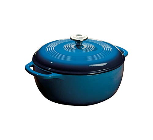 Lodge 6 Quart Enameled Cast Iron Dutch Oven with Lid – Dual Handles – Oven Safe up to 500° F or on Stovetop - Use to Marinate, Cook, Bake, Refrigerate and Serve – Blue