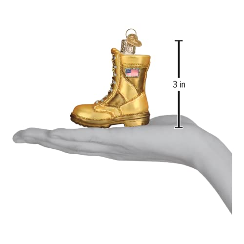 Military Boot Glass Ornament - Gold Combat Boot with Flag Patch, Handcrafted Holiday Decoration, 3 x 2.75 Inches