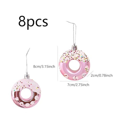 Pink Donut Christmas Ornament Set - 8 Candy Hanging Decorations for Holiday Tree