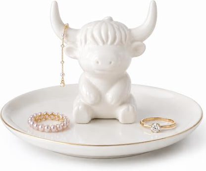 Highland Cow Jewelry Dish - White Ceramic Ring Holder & Trinket Tray