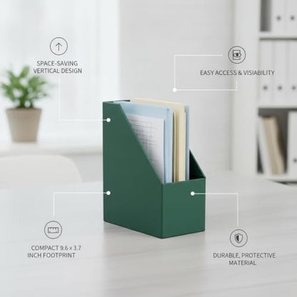 Vertical File Storage Box - Green, Upright Paper Magazine Organizer for Desk