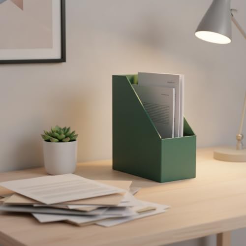Vertical File Storage Box - Green, Upright Paper Magazine Organizer for Desk