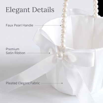 Flower Girl Basket for Weddings Ivory Pearl Bow Handcrafted Decorative Holder