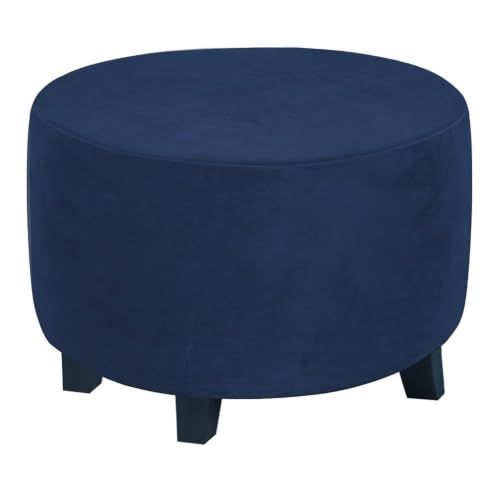 Navy Velvet Round Ottoman Slipcover 32 Inch Stretch Footstool Cover