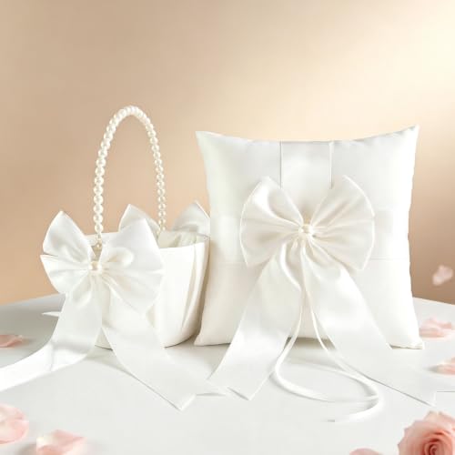Wedding Flower Girl Basket & Ring Bearer Pillow Set Handcrafted Pearl Decor