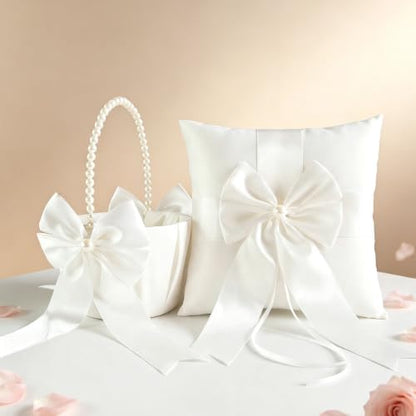Wedding Flower Girl Basket & Ring Bearer Pillow Set Handcrafted Pearl Decor