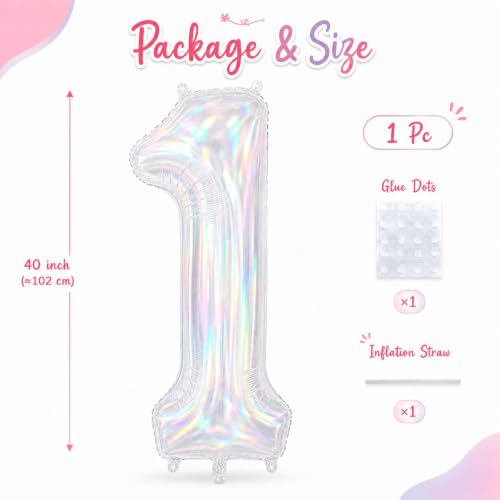 40 Inch Iridescent Number 1 Foil Balloon for Girls 1st Birthday Decorations - Variation of Iridescent / Number 1
